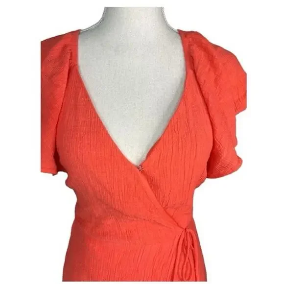 Lush hot coral orange flutter sleeve Mini dress wrap summer coquette cowgirl - Picture 3 of 11